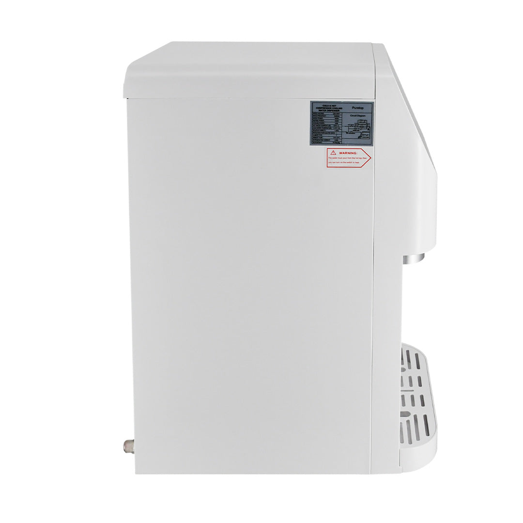 Side view of Pure Top White RO water purifier and dispenser with 8-stage filtration and hot/cold water options for homes in Pakistan.